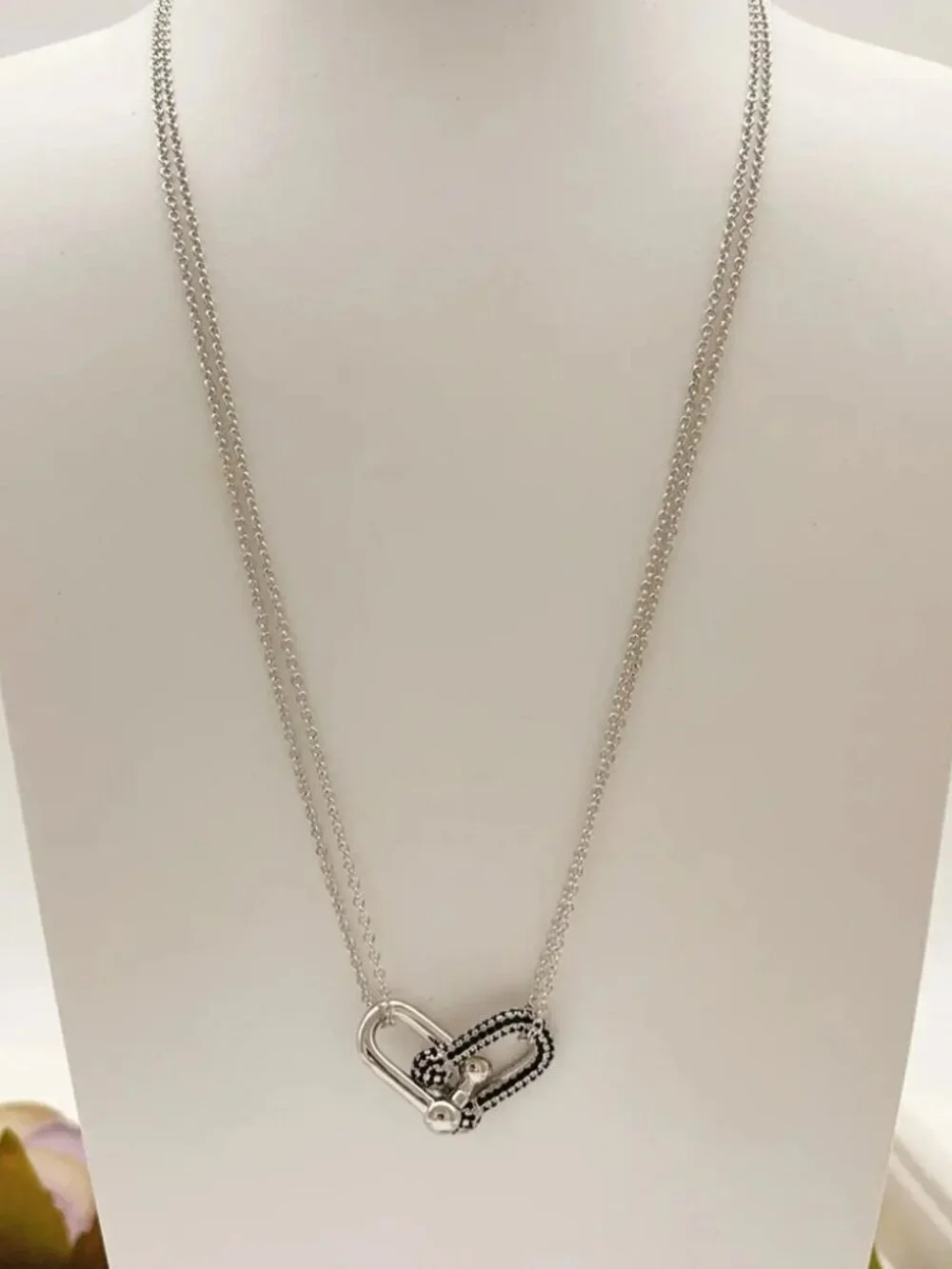 Tiffany & Co. Silver and Black Diamond Double Chain Horseshoe Necklace